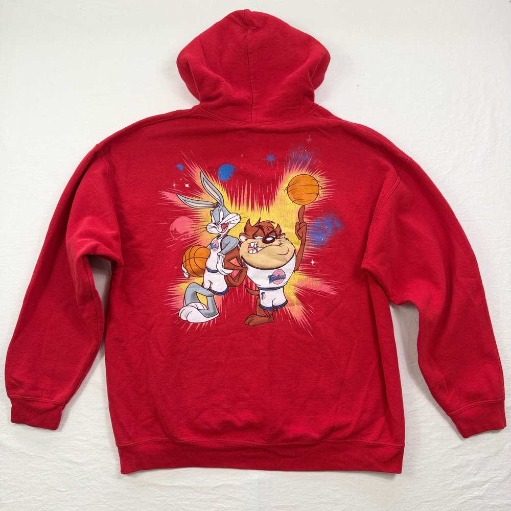 Space Jam Hoodie Mens Large Red Basketball Logo Pullover Sweatshirt Front Pocket